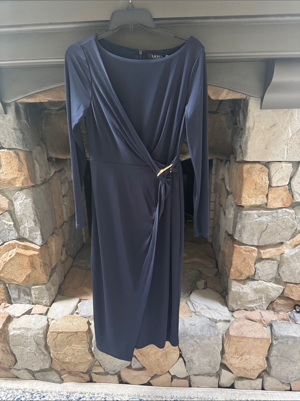 Lauren Ralph Lauren Navy Faux-Wrap Long Sleeve Dress with Side Buckle